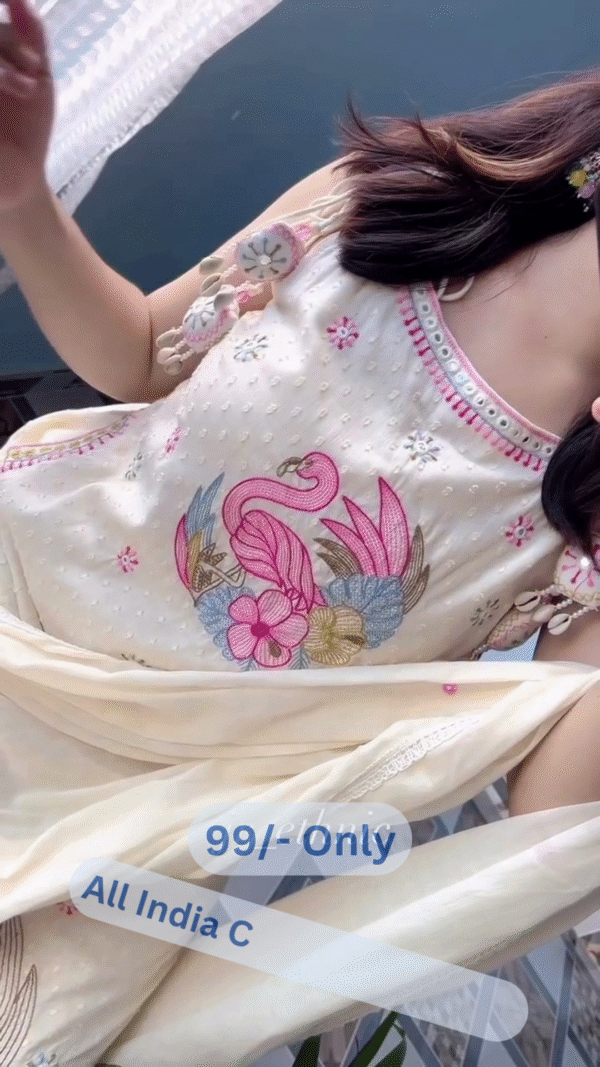 Cream Floral Embroidered Kurti Set with Multicolor Threadwork & Dupatta Ensemble - Image 4