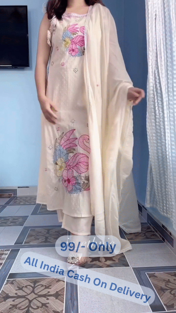 Cream Floral Embroidered Kurti Set with Multicolor Threadwork & Dupatta Ensemble - Image 2