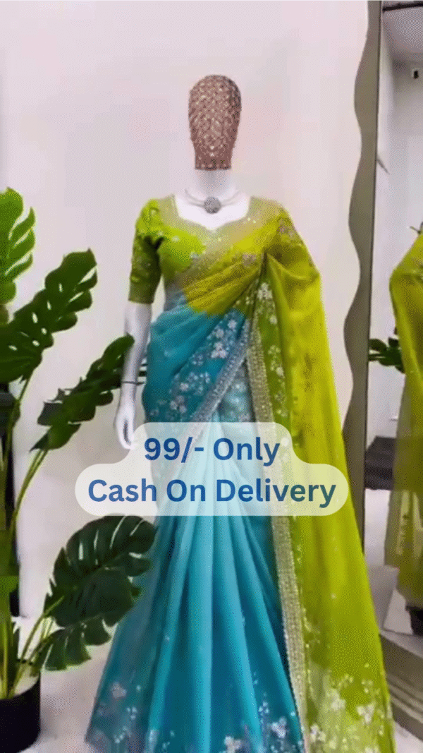 Graceful Green-Blue Floral Designer Saree with Intricate Detailing