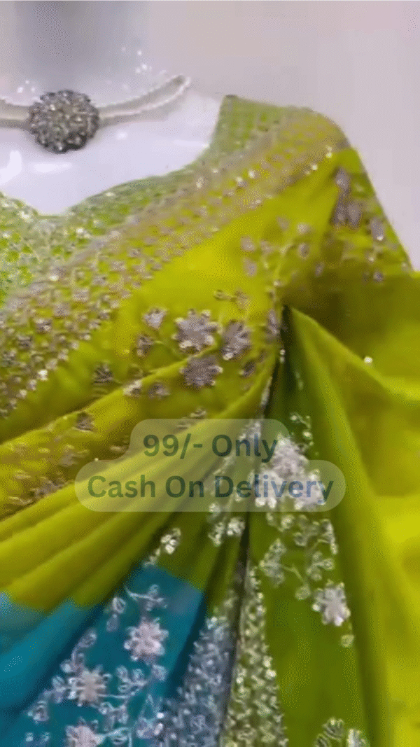 Graceful Green-Blue Floral Designer Saree with Intricate Detailing - Image 3