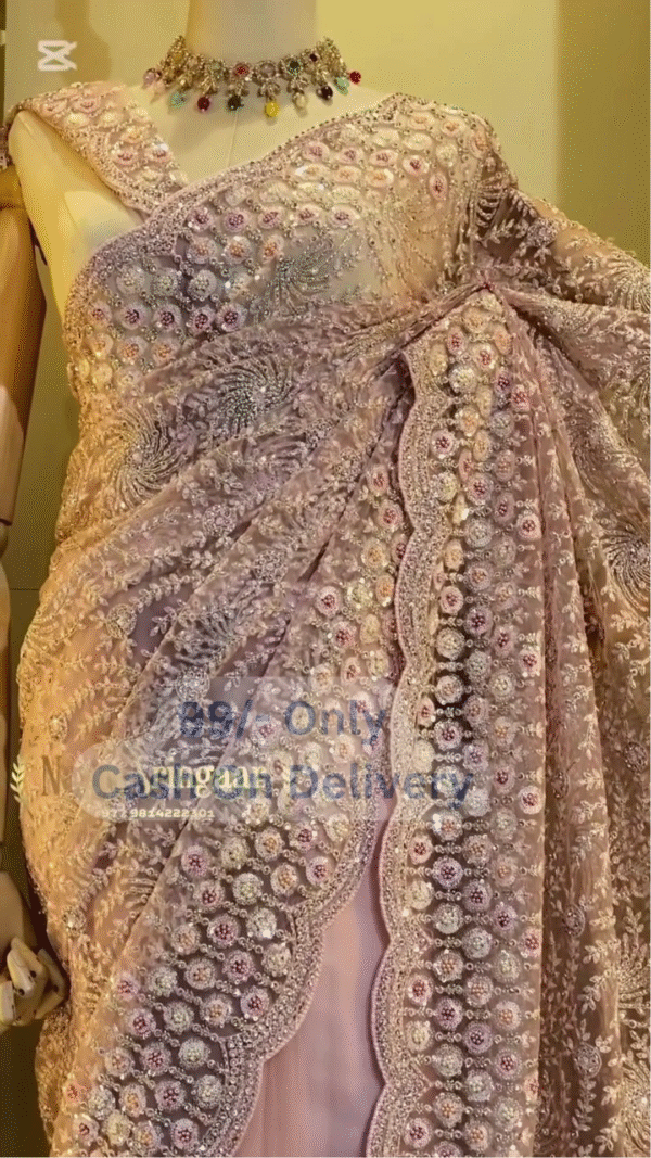 Multicolor Embroidered Saree with Floral Beadwork & Festive Glam Appeal - Image 4
