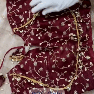 Rich Maroon Floral Embroidered Saree with Golden-Silver Threadwork Detailing