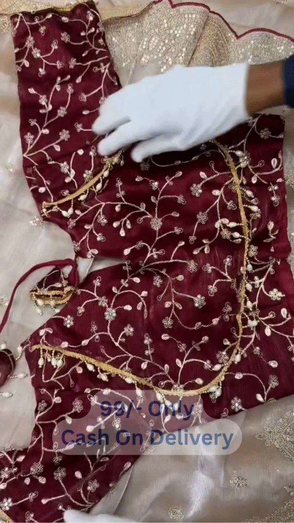 Rich Maroon Floral Embroidered Saree with Golden-Silver Threadwork Detailing