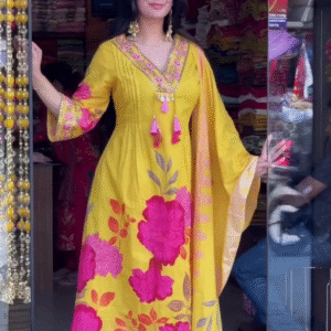 Sunny Yellow Floral Embroidered Kurti Set with Tassel Neckline & Festive Flair