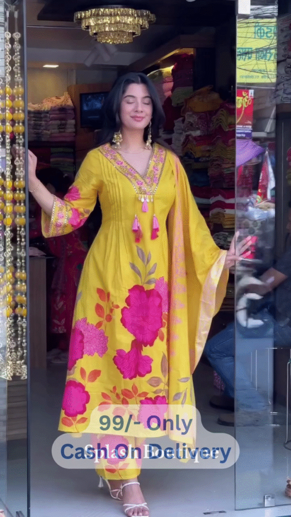 Sunny Yellow Floral Embroidered Kurti Set with Tassel Neckline & Festive Flair