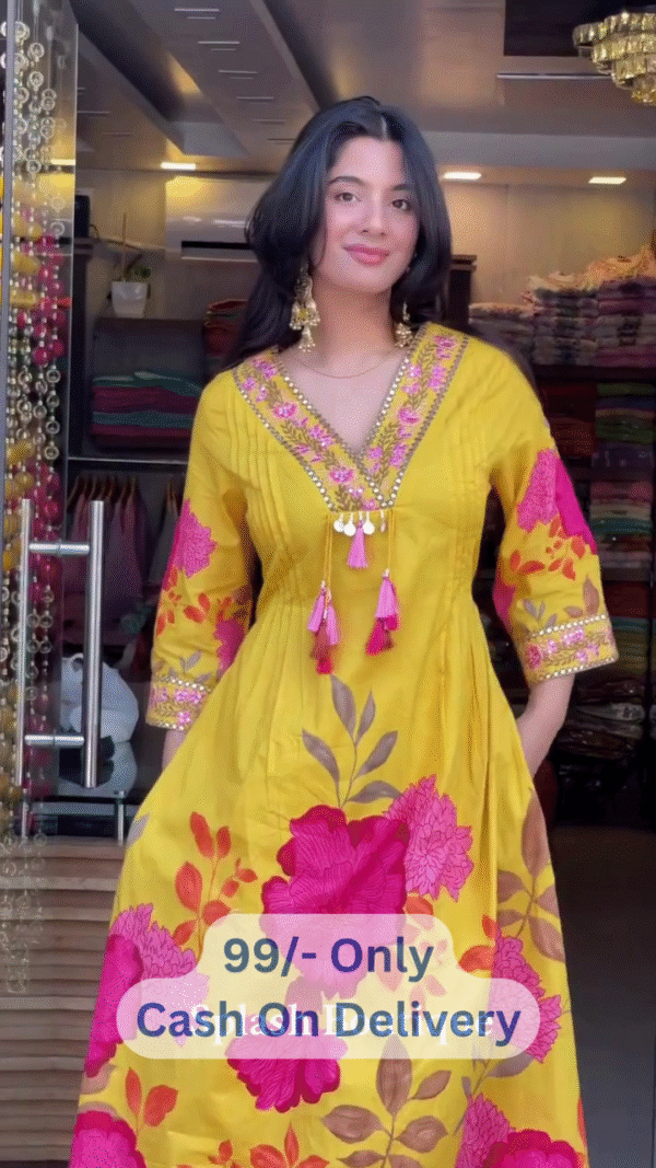 Sunny Yellow Floral Embroidered Kurti Set with Tassel Neckline & Festive Flair - Image 2