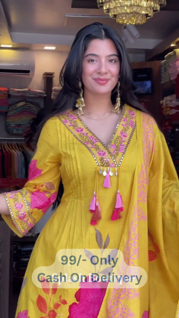 Sunny Yellow Floral Embroidered Kurti Set with Tassel Neckline & Festive Flair - Image 3