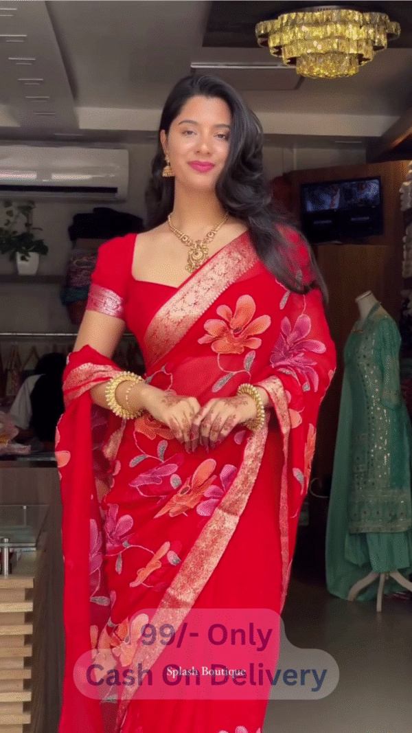 Vibrant Red Floral Embroidered Saree with Golden Accents & Festive Elegance