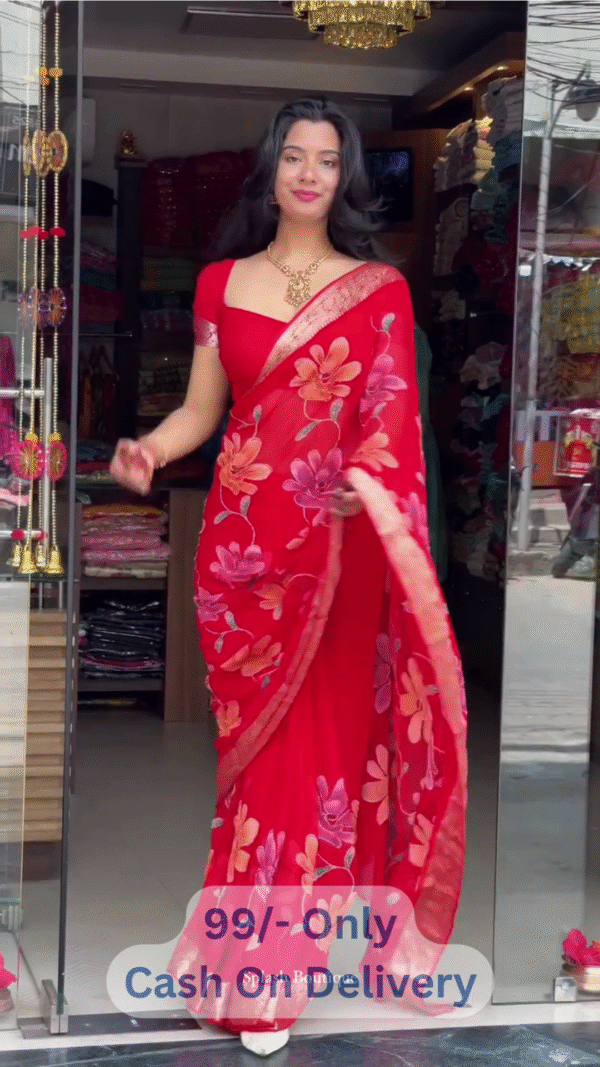 Vibrant Red Floral Embroidered Saree with Golden Accents & Festive Elegance - Image 3