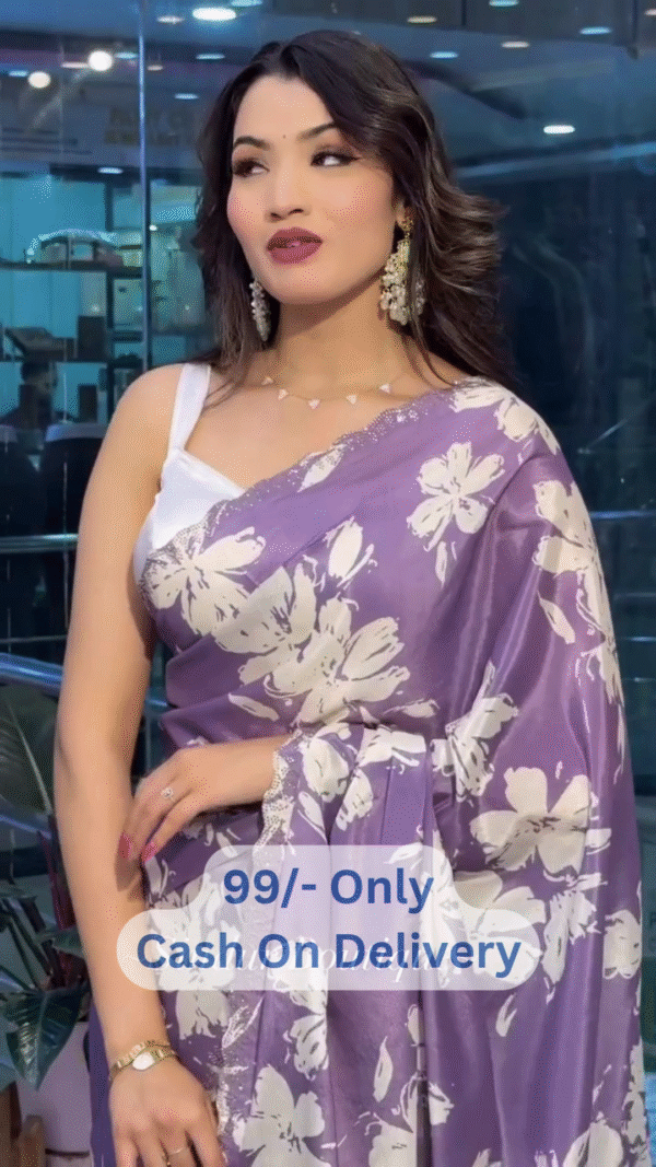 Deep Purple Floral Printed Saree with White Motifs and Elegant Draping Style - Image 2