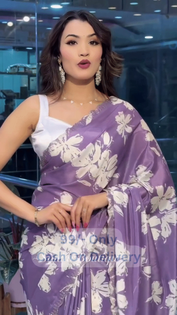 Deep Purple Floral Printed Saree with White Motifs and Elegant Draping Style