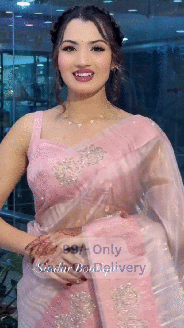 Blush Pink Saree with Intricate Silver Thread Embroidery & Henna-Inspired Accents