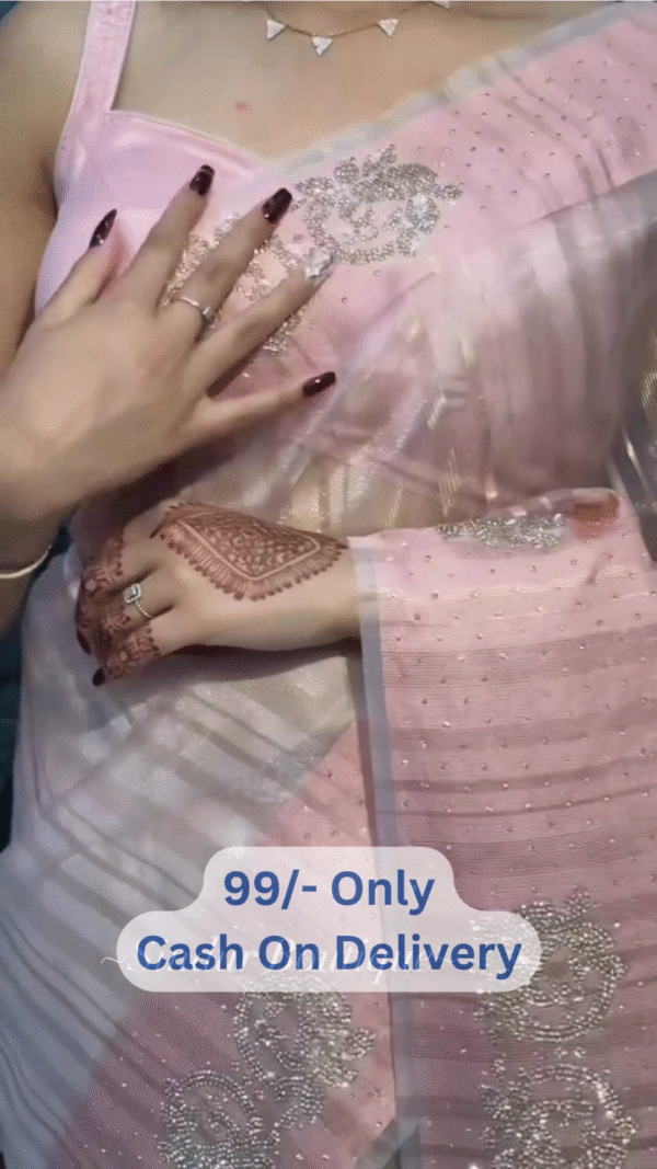 Blush Pink Saree with Intricate Silver Thread Embroidery & Henna-Inspired Accents - Image 4