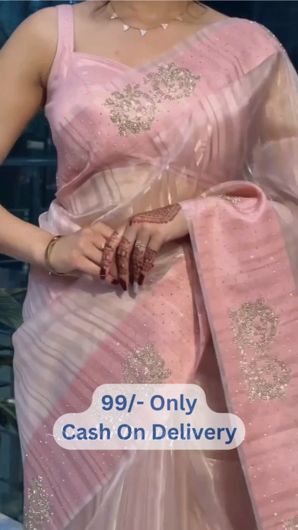 Blush Pink Saree with Intricate Silver Thread Embroidery & Henna-Inspired Accents - Image 3