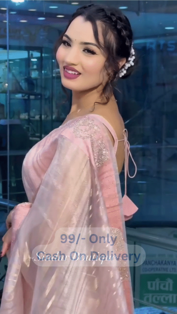 Blush Pink Saree with Intricate Silver Thread Embroidery & Henna-Inspired Accents - Image 2