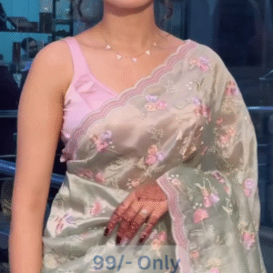 Pastel Green Floral Embroidered Saree with Scalloped Border & Pink Contrast Blouse