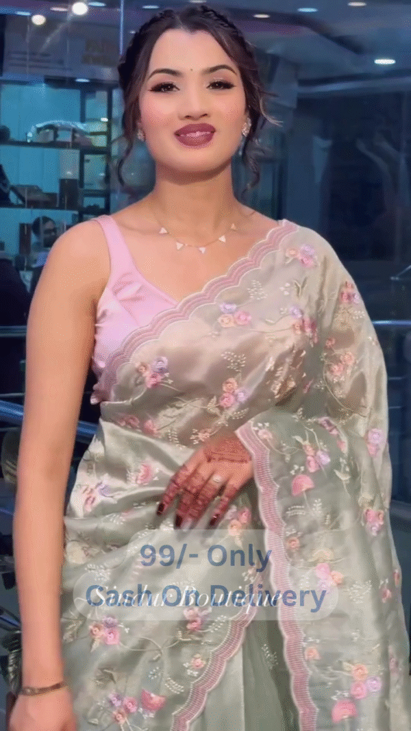 Pastel Green Floral Embroidered Saree with Scalloped Border & Pink Contrast Blouse
