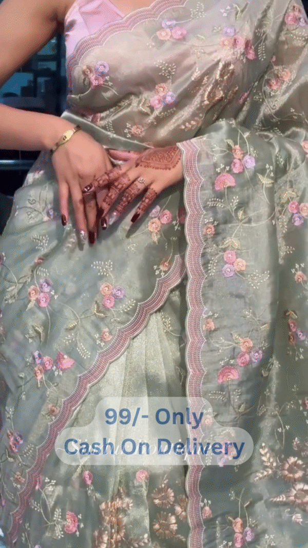 Pastel Green Floral Embroidered Saree with Scalloped Border & Pink Contrast Blouse - Image 2