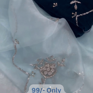 Dual Tone Blue Saree Set with Silver Floral Embroidery & Elegant Contrast Blouse