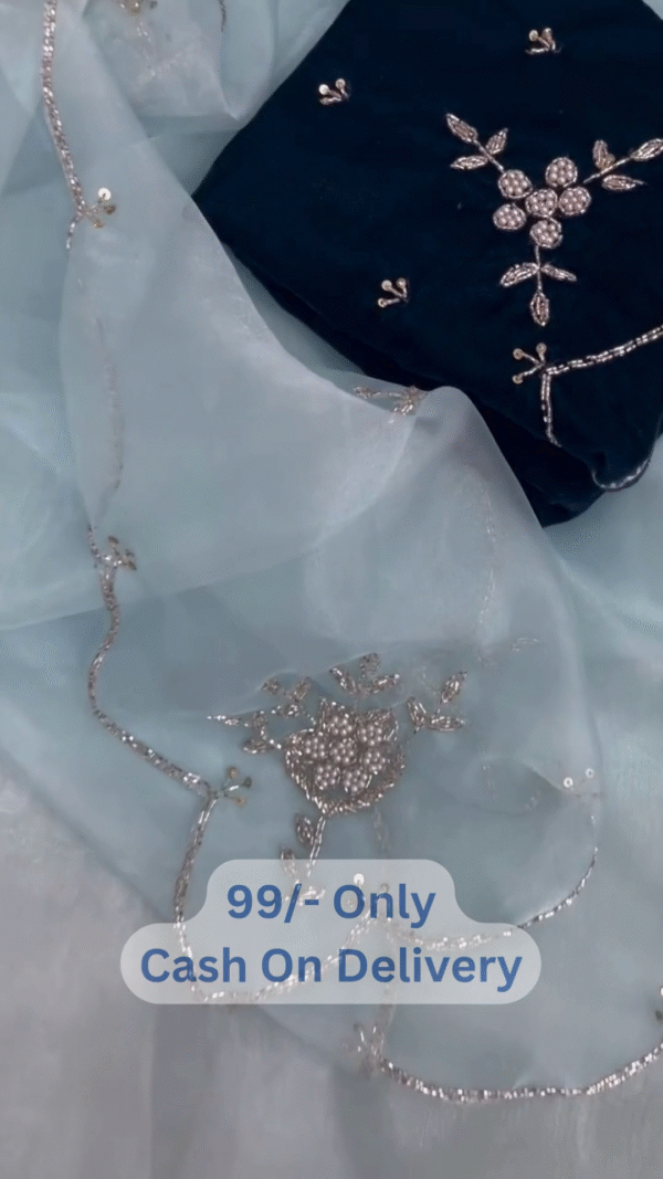 Dual Tone Blue Saree Set with Silver Floral Embroidery & Elegant Contrast Blouse