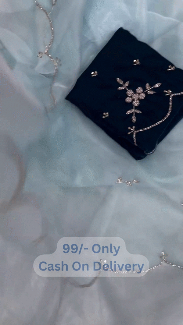 Dual Tone Blue Saree Set with Silver Floral Embroidery & Elegant Contrast Blouse - Image 2