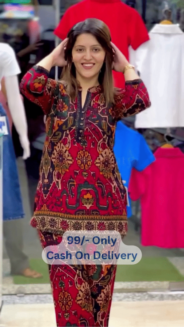 Striking Red-Black Ethnic Suit Set with Geometric Print & Traditional Embroidery - Image 3