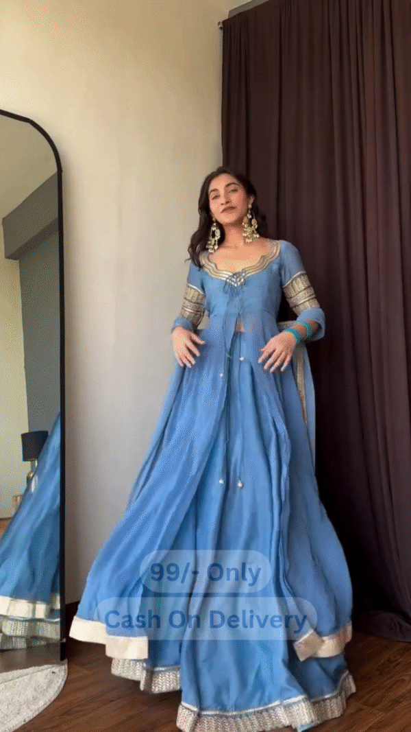 Royal Blue Layered Ethnic Dress with Golden Thread Embroidery & Tie-Front Detail - Image 4