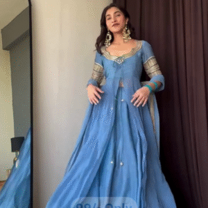 Royal Blue Layered Ethnic Dress with Golden Thread Embroidery & Tie-Front Detail