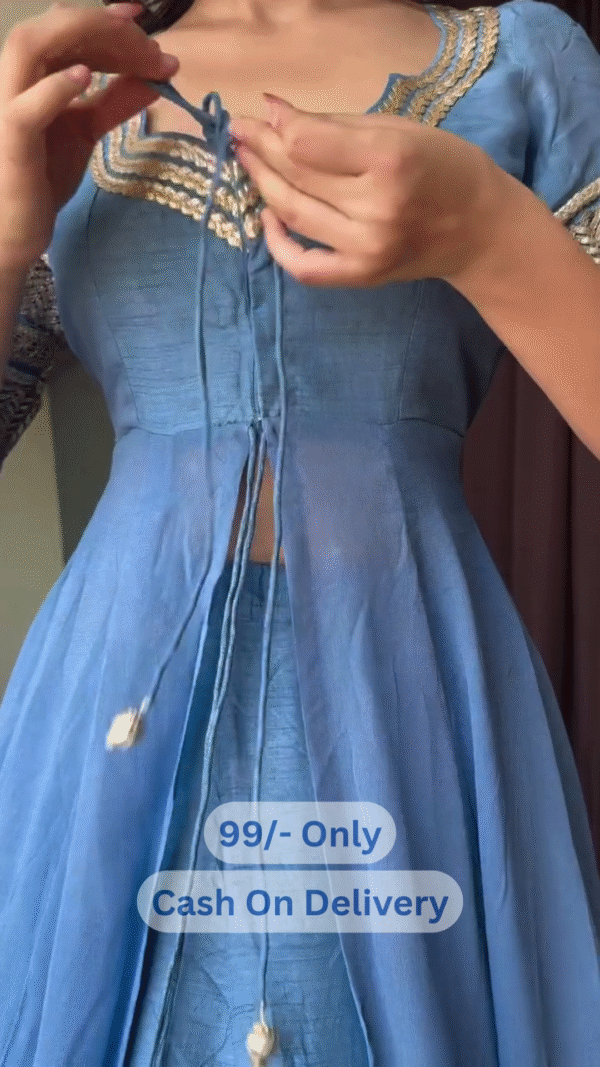 Royal Blue Layered Ethnic Dress with Golden Thread Embroidery & Tie-Front Detail - Image 3