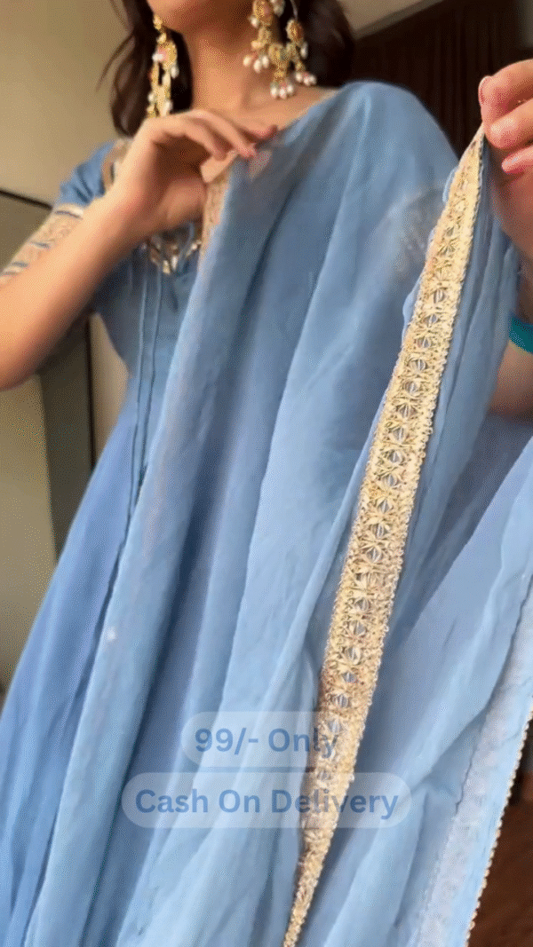 Royal Blue Layered Ethnic Dress with Golden Thread Embroidery & Tie-Front Detail - Image 2