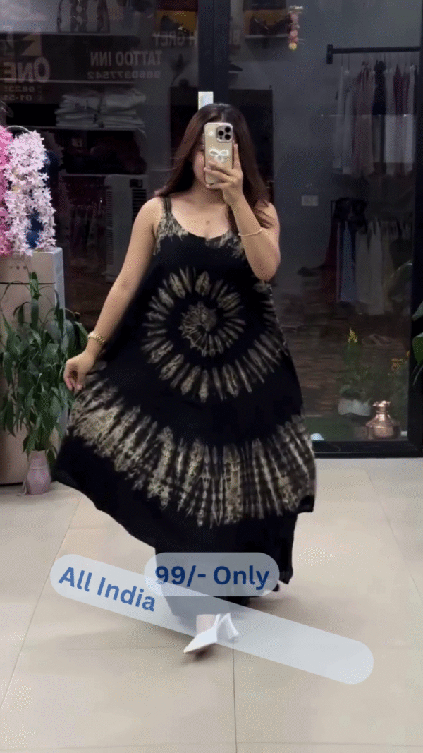 Bohemian Black Tie-Dye Flared Dress with Spiral Pattern & Contemporary Charm - Image 2
