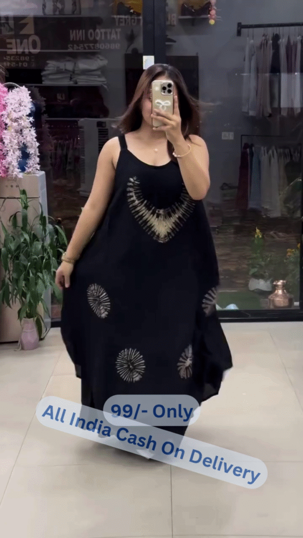 Bohemian Black Tie-Dye Flared Dress with Spiral Pattern & Contemporary Charm - Image 3
