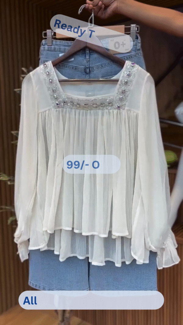 White Beaded Neck Top with Blue Denim Shorts – Casual Chic Co-ord Set